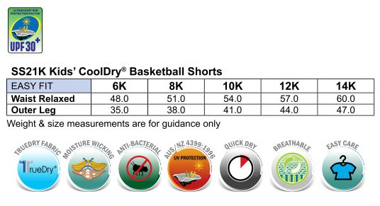 Size Guide - SS21K - Kid's Basketball Shorts