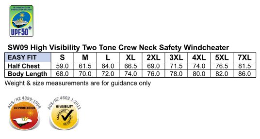 Size Guide - SW09 - Hi-Vis two tone safety windcheater