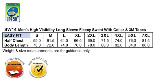 Size Guide - SW14 - Hi-Vis L/S Fleecy Collar Sweater 3M Tapes