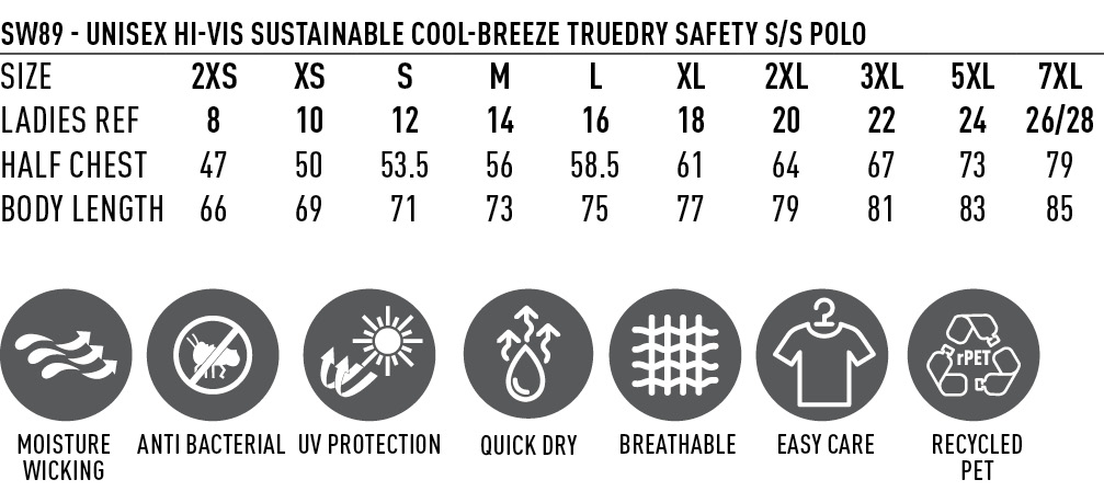 Size Guide - SW89 - Hi-Vis Sustainable Cool-Breeze Truedry Safety S/S Polo