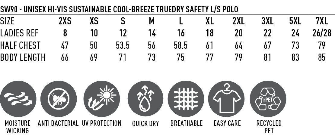 Size Guide - SW90 - Hi-Vis Sustainable Cool-Breeze Truedry Safety L/S Polo