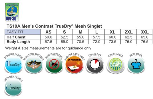 Size Guide - TS19A - Men's Truedry Contrast Mesh Singlet