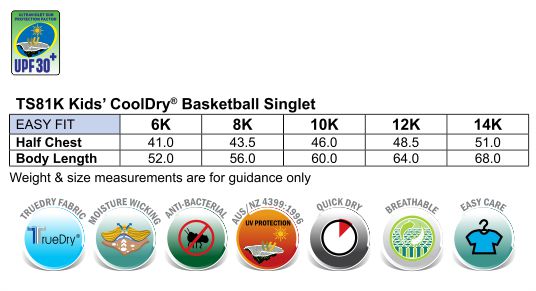 Size Guide - TS81K - Kid's Basketball Singlet