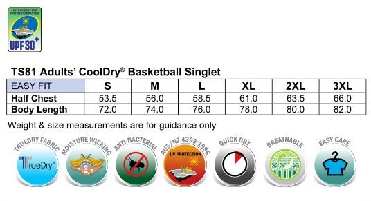 Size Guide - TS81 - Adults' Basketball Singlet