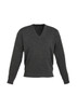 A dark grey men's woolmix knit pullover with a V-neck and long sleeves. It features a logo on the garment.