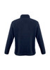 A navy polar fleece jacket with a high collar and long sleeves, featuring a logo.