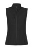 A black work vest featuring a zip-up front and two zippered pockets, designed for women's workwear.