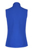 A blue women's vest featuring a high collar and a fitted design, with a branding logo on the back.