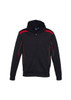 A black hoodie with red accents, featuring a front zip and pockets, and has a logo on the chest.