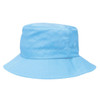 A blue twill bucket hat with a toggle and branding, featuring a wide brim for sun protection.