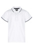 A white polo shirt featuring contrasting dark trim and a collar. It has a logo on the front.
