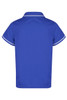 A blue polo shirt with contrasting white trim, featuring a classic collar and short sleeves. It has a logo.