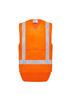 A high visibility orange unisex vest with reflective strips, featuring a front pocket and no sleeves. A high visibility orange unisex vest with reflective strips, featuring a front pocket and no sleeves.