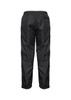 Black track pants with an elastic waistband and gathered cuffs, featuring a branding logo.