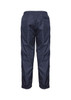 A pair of navy blue track pants with an elastic waistband and elastic cuffs at the ankles, featuring a branding logo.