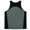 A grey and black singlet featuring a back design and a logo on the fabric.