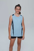 A light blue singlet with black side panels, designed for kids, displayed on a young girl.