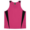 A magenta singlet with black side panels and a logo on the label. Suitable for kids.