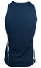 A navy blue men's singlet with white side stripes and a plain back design. It features a logo on the fabric.