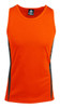 An orange singlet featuring black side panels and a branded label on the inside collar.