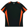 A black T-shirt with orange accent panels on the shoulders and sides. It features a label inside the collar.