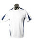 A white T-shirt with navy blue accents on the shoulders and sides, displayed on a mannequin.