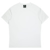 A white t-shirt with short sleeves and a round neckline, featuring a label inside.