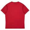 A red t-shirt with short sleeves and a plain back, featuring a logo on the upper back.