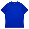 A blue t-shirt with short sleeves and a round neck, featuring a tag inside with a logo.
