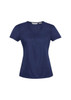 A navy women's chic top with short sleeves and a scoop neckline, featuring a logo on the label.
