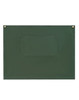 A green canvas short waist apron featuring a front pocket and two attachment buttons.