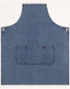 Denim bib apron in blue with a front pocket and metal snaps, featuring a logo.