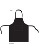 A black bib apron with adjustable neck strap and waist ties, featuring a front pocket. Dimensions: 70cm x 85.5cm.
