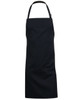 A black bib apron featuring an adjustable neck strap and a front pocket. It has a logo on the front.