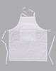 A white bib apron with a pocket and adjustable ties, featuring a logo on the front.