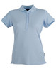 Light blue ladies' polo shirt with a collar and short sleeves. The shirt features a logo on it.