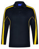 A black long sleeve polo shirt with yellow side stripes and a collar. Contains a branded logo.
