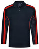 A long sleeve polo shirt in black with red accents and mesh detailing on the sleeves. Features a logo.