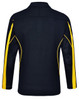 A black long sleeve polo shirt with yellow accents and a logo on the side.