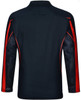 A black long sleeve polo shirt featuring red panels and mesh detailing, with a logo on it.