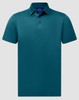 A teal men's sustainable jacquard knit short sleeve polo with a standard collar and one button placket.
