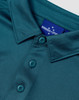 A teal sustainable jacquard knit short sleeve polo featuring a collar and button detail, with a logo on the inside.