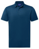 A navy blue sustainable jacquard knit short sleeve polo shirt with a collar and a logo.
