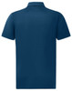 A navy blue men's sustainable jacquard knit short-sleeve polo with a collar and a logo on the chest.