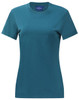 A teal short-sleeved women's premium cotton tee shirt with a round neckline and a logo on the label.
