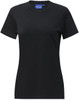 A black ladies' premium cotton short-sleeve tee shirt featuring a fitted design and a logo.