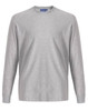 A grey long-sleeve tee shirt made from premium cotton, featuring a crew neck and a logo.