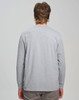 A grey long-sleeve tee shirt, featuring a simple design and a logo on the back.