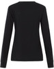A black long-sleeve tee shirt for ladies, featuring a simple design and a rear view with long sleeves.