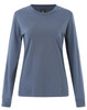A long-sleeve tee shirt in blue with a fitted design and a logo on the neckline.